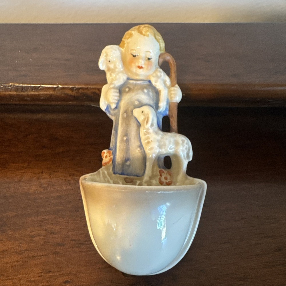 4.75" M.J. Hummel Germany Ceramic Wall-Mounted Holy Water Font Shepherd Boy Lamb